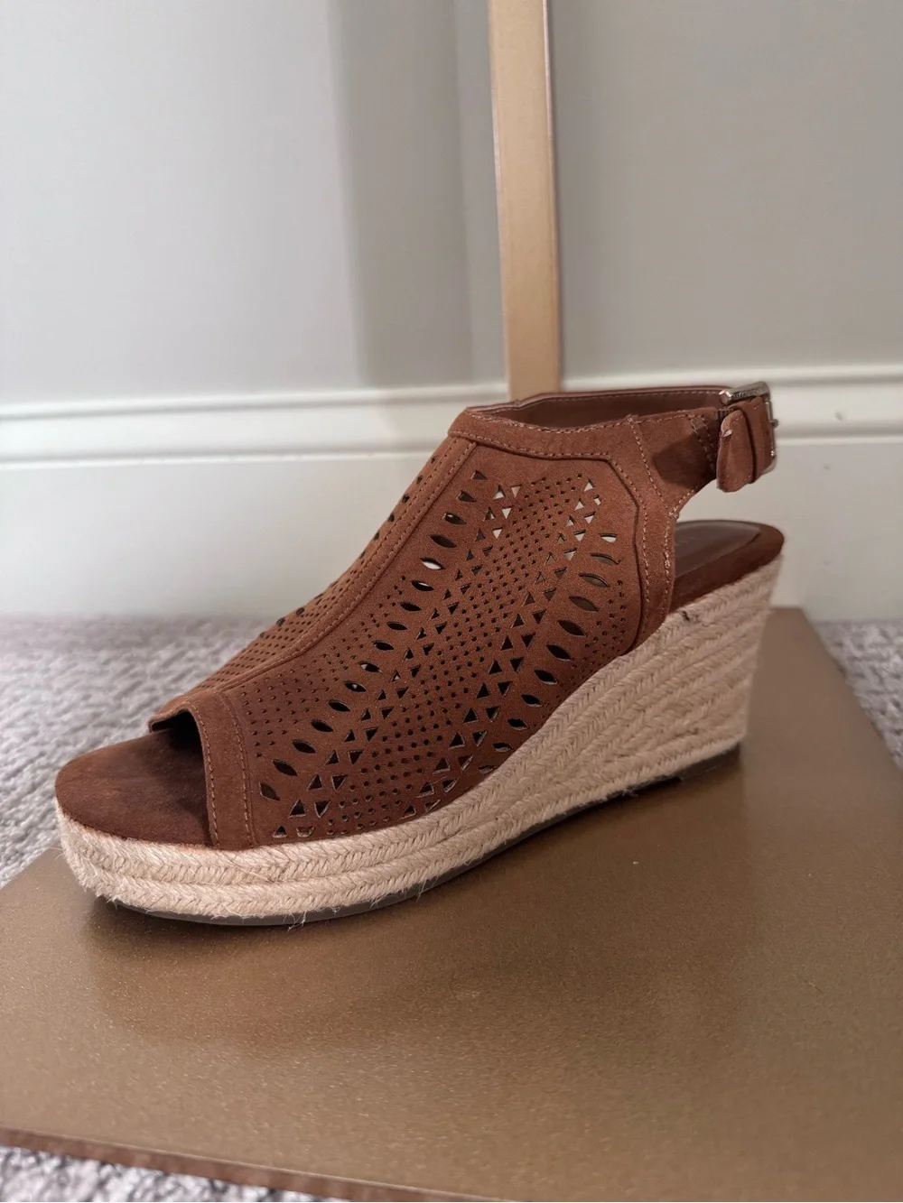 Liz Claiborne Brown Laser-Cut Peep-Toe Espadrille Wedges